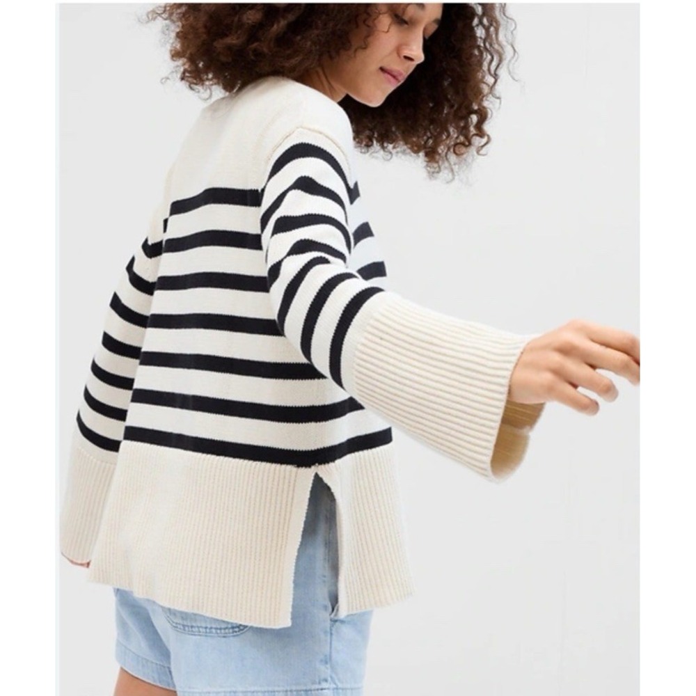 Gap Womens 24-7 Split Hem Boxy Cotton Sweater Large Cream Black Stripe Nautical